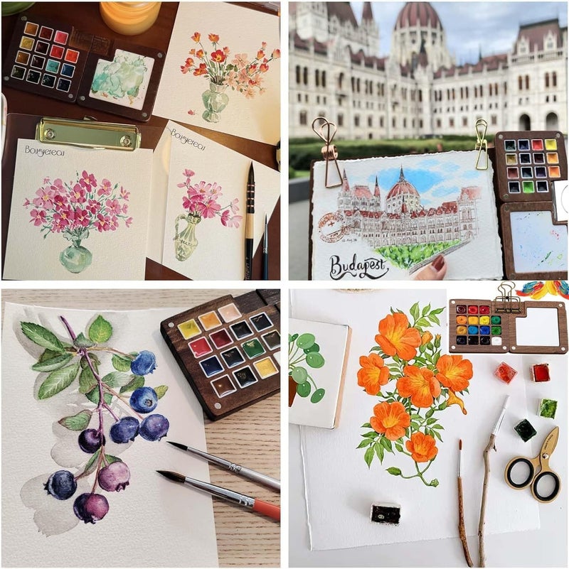 Anna's Watercolor Kit, New Mini Watercolor Set with Picture Book, Travel Water Color Set with 24 Color Paints, Wooden Grid Paint Box for Painters Artists Students (Walnu -15 Grids) - Image 3